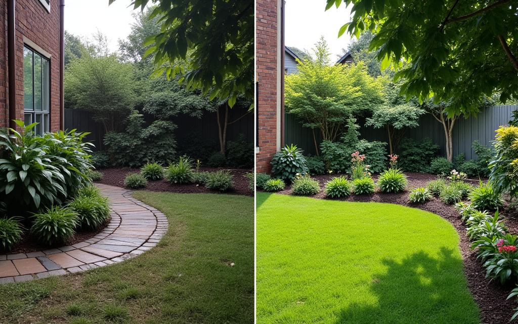 Dramatic before and after landscape transformation showing neglected yard becoming beautiful garden