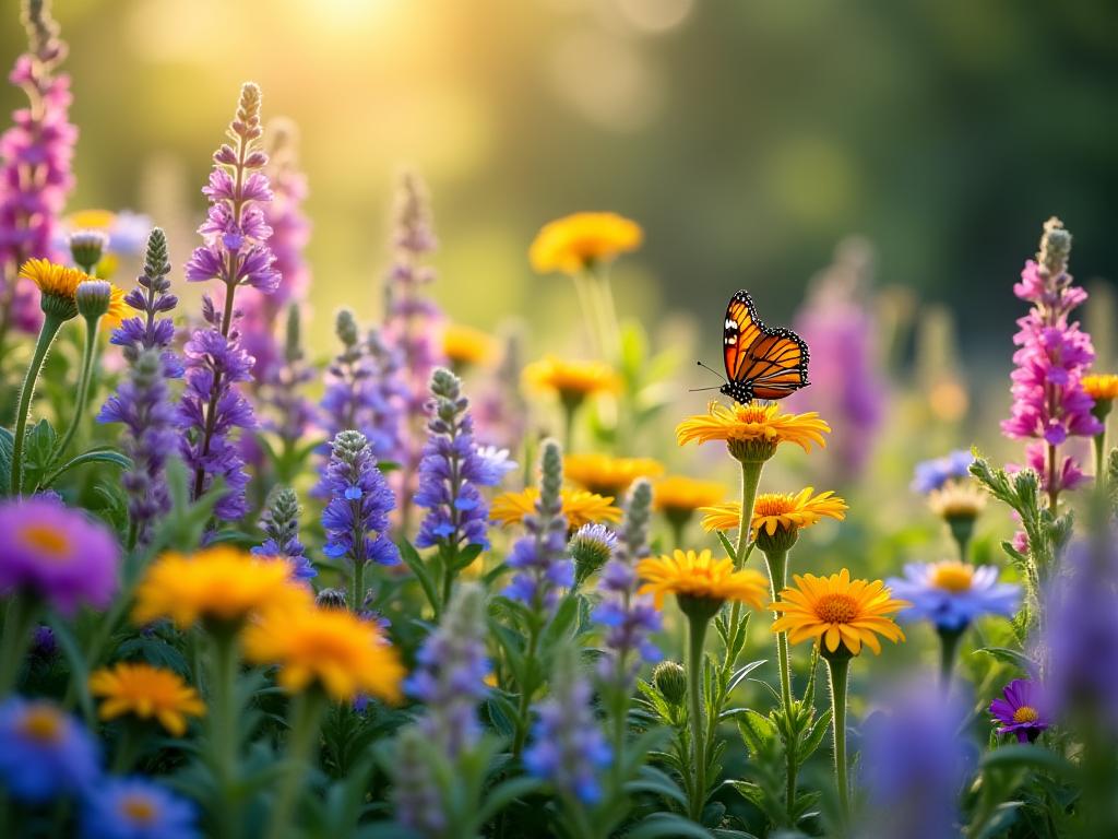Colorful pollinator garden with native flowers attracting butterflies and bees