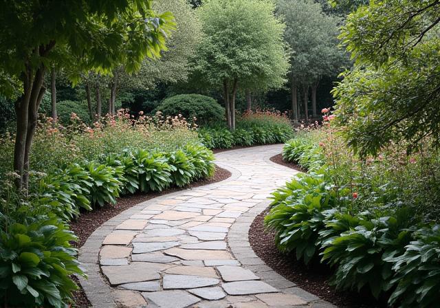 Curved stone walkway through landscaped garden