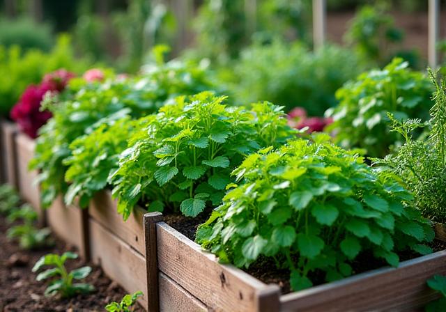 Raised bed vegetable garden with herbs and edible plants