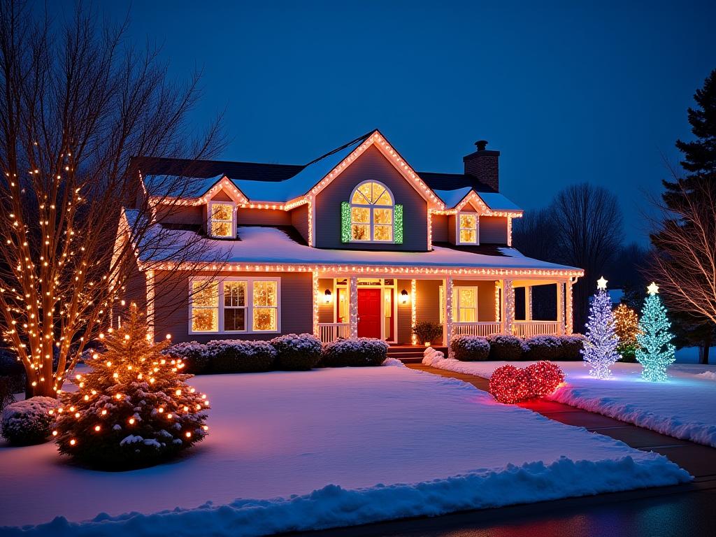 Beautiful holiday lighting display on home and landscaping during winter evening