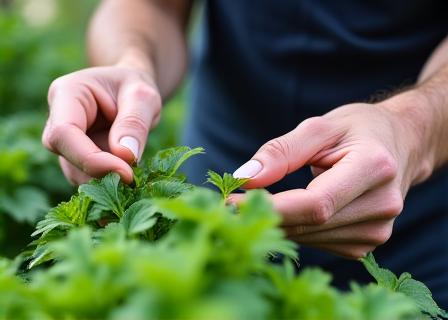 Certified horticulturist examining plants in garden setting