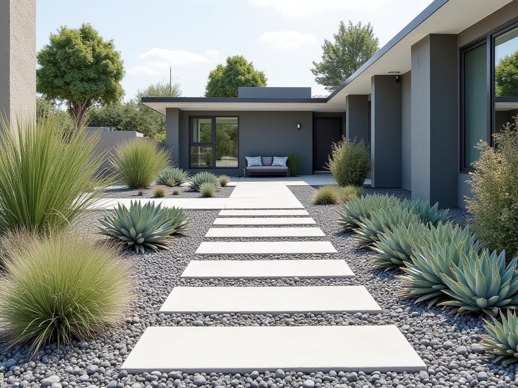Modern low-maintenance landscape with drought-tolerant plants and decorative gravel