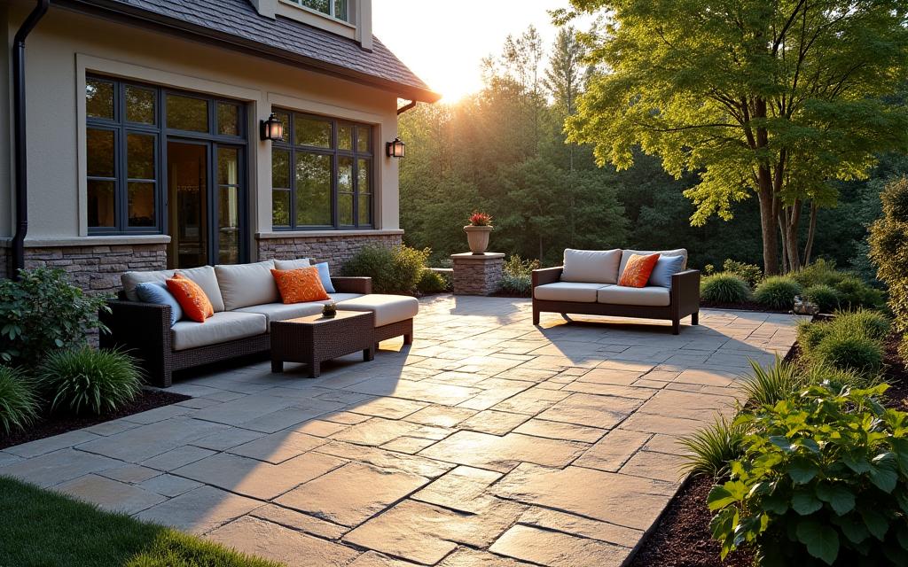 Beautiful stone patio with outdoor furniture and landscaping