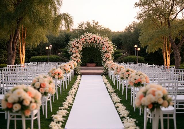 Elegant outdoor wedding setup with landscaped background and floral arrangements