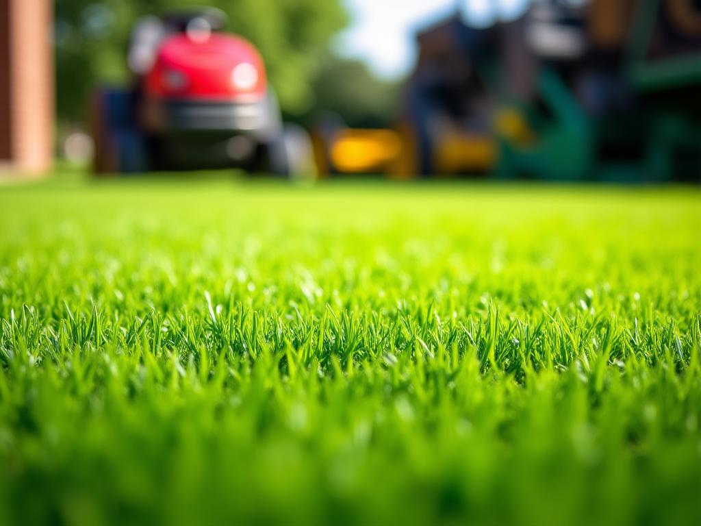 Perfectly maintained green lawn with professional landscaping equipment
