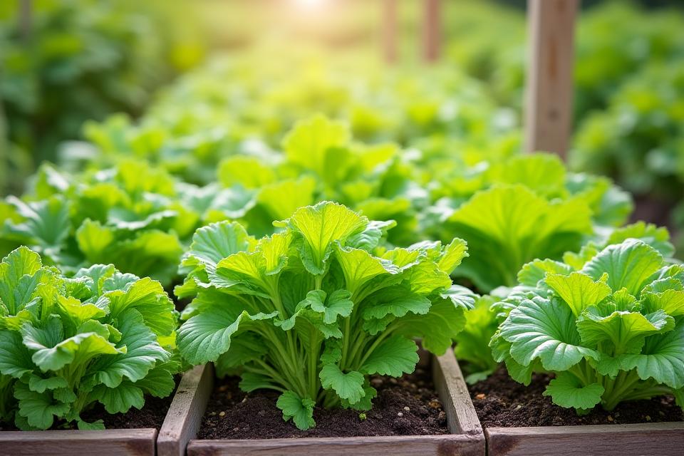 Organized raised bed vegetable garden with various crops and herbs