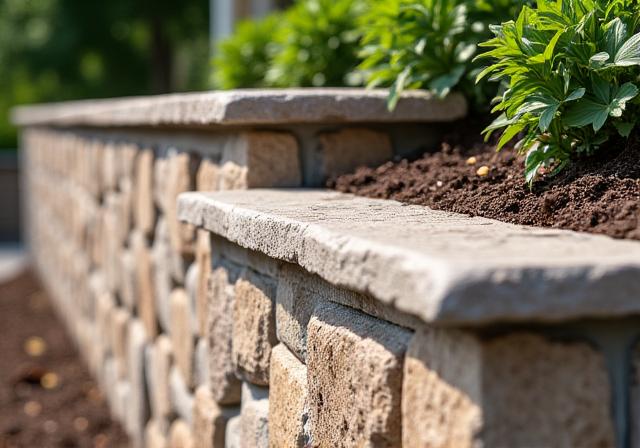 Professional retaining wall with decorative stonework