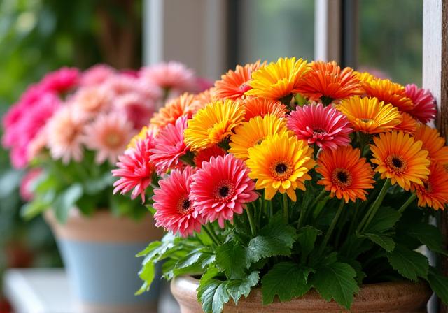 Colorful seasonal flower arrangements and decorative planters
