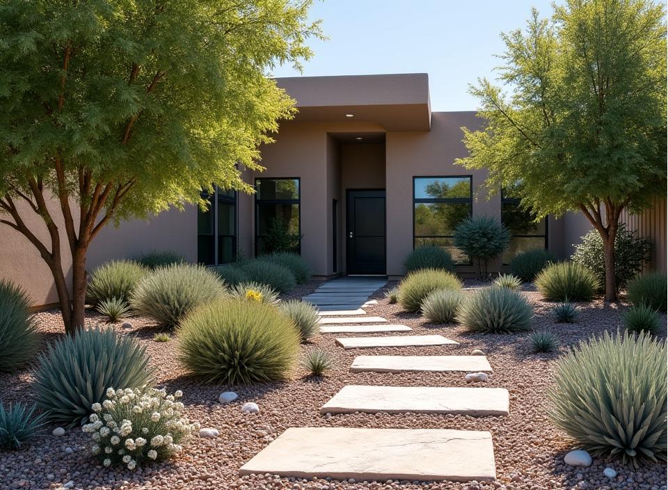 Water-wise xeriscaping with drought-tolerant plants and decorative stone