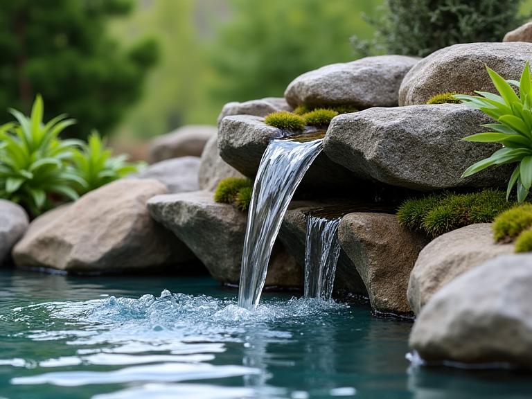 Custom water fountain feature in landscaped garden setting